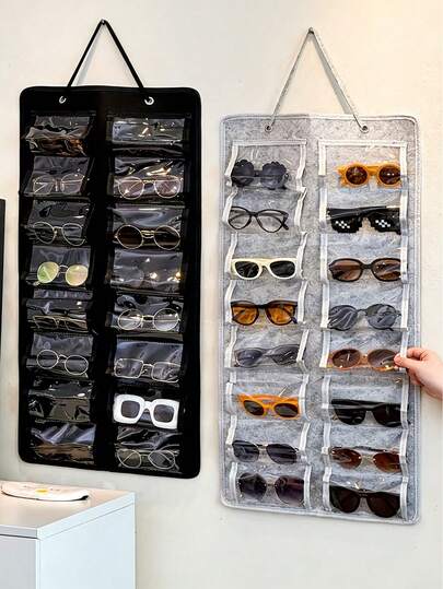 1pc Fashion Minimalist 16 Grids Felt Hanging Storage Bag, Felt & Nylon Foldable Wall-Mounted Organizer, Dust-Proof Multi-Function Glasses & Jewelry Display Rack, Space-Saving, Suitable For Home Decor, Birthday Party, Wedding, Office, Back To School, Essential Home Storage, Ideal Gift For New Year, Valentine's Day, Mother's Day, Father's Day, Graduation
