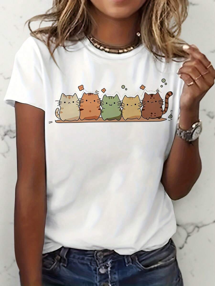 Camiseta Kawaii Anime Cinco Gatos Lineup de las mujeres - Camiseta de manga corta cuello de tripulación de verano casual con estampado lindo, adecuado para, traje casual y trajes temáticos