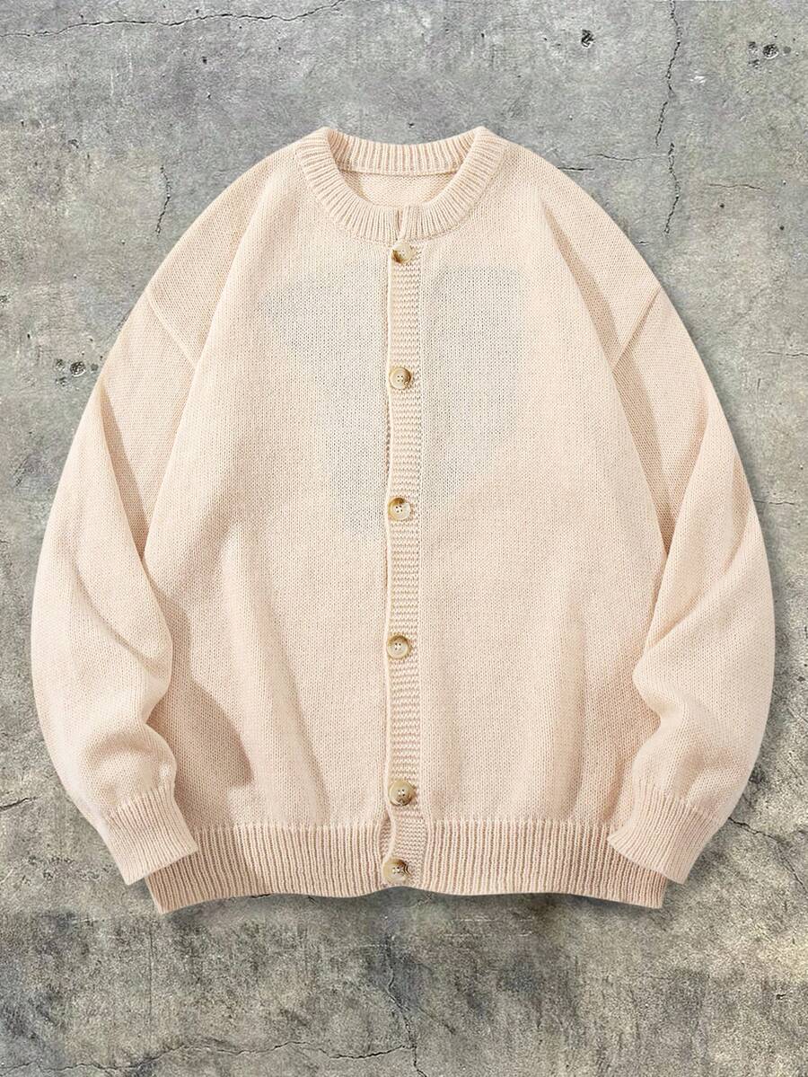 ANDREILEE Men's Fashion-Forward Casual Versatile Face Embroidery Pattern Crew Neck Button-Up Cardigan Long Sleeve Loose Fit Sweater Autumn/Winter - Apricot - View 1