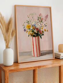 1pc Canvas Wall Art, Framed Wall Decor, Abstract Wildflower Bouquet Art, Soft Flowers In Striped Vase, Rustic Style Floral Poster, Pink Tone Farmhouse Style Artwork, Dreamy Floral Wall Art, Perfect For Bedroom, Living Room, Kids Room, Apartment, Dorm, Farmhouse Style Interior Decor - Multicolor - View 3