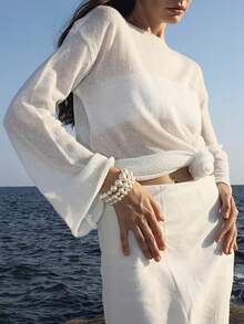 Suéter de punto de manga larga con efecto transparente para mujer talla grande, playa para primavera/verano blanco - Blanco - Ver 5