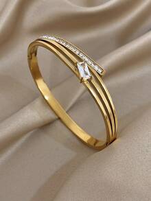 1 pièce Bracelet en acier inoxydable plaqué or 18K, forme demi-vague incrustée de zircone, bracelet pour filles, bijoux en acier inoxydable, bijoux de designer, convient pour le port quotidien/fête, accessoires d'été, accessoires de plage pour filles, Pâques, cadeaux pour la fête des mères, cadeaux d'anniversaire, cadeaux pour petite amie, bijoux bohèmes - Multicolore - Voir 3