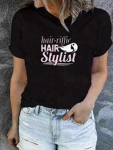 Creative Letter Pattern Printed T-Shirt For Women - Black - View 1