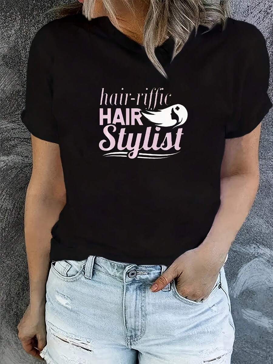 Creative Letter Pattern Printed T-Shirt For Women - Black - View 1
