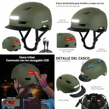 Shinmax Casco de Bicicleta para Hombres y Mujeres, Casco de Bicicleta con Luces LED Recarables USB Delanteras y Traseras - Verde - Ver 1
