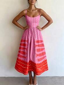 2026 Spring New Women's Clothing, Cross-Border European And American Dress, Sexy Waist-Cinching Pleated Solid Color Large Hem Strap Dress - 粉紅色大魚 - 查看 4