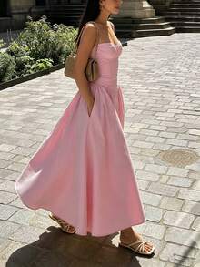 2026 Spring New Women's Clothing: Cross-Border European And American Dress, Elegant French Retro Waist-Cinching Strap Dress - 粉色 - 查看 8