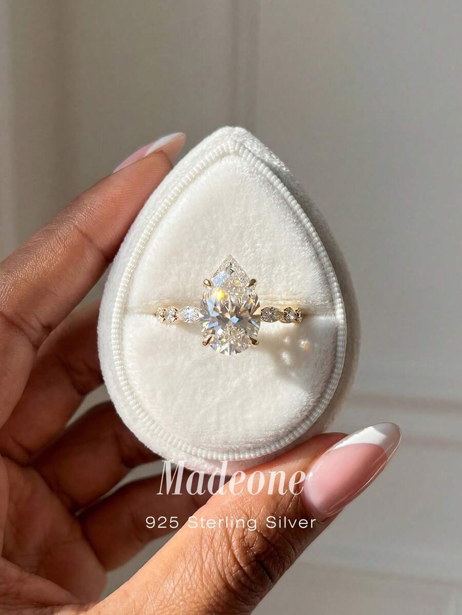 MADEONE 1枚优雅水滴形立方氧化锆925纯银戒指,女士订婚、结婚、新娘首饰、周年纪念、生日礼物 - 金色 - 查看 1