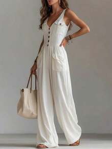 Sleeveless Wide-Leg Jumpsuit For Women In A Workwear Style |     A Relaxed And Casual Vibe, Suitable For Vacation Outings And Light Leisure Gatherings - 白色 - 查看 4