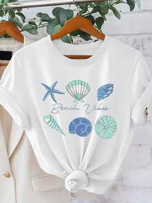 Estilo playero, estampado de conchas marinas, ropa de vacaciones de manga corta para mujer, adecuada para primavera y verano, perfecta para el uso diario. Un top dulce y encantador con un diseño de cuello redondo simple y elegante, cómodo y transpirable. - Blanco - Ver 7