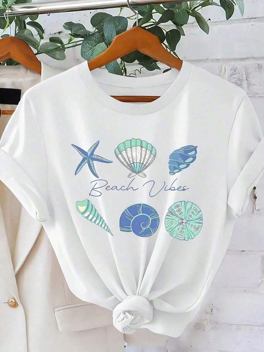 Beach Vibes With Ocean Shell Print, Short-Sleeved Women'S Vacation Wear For Spring And Summer, Perfect For Daily Commuting - White - View 1