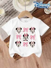 Minnie Mouse With Pink Bow The Floral Pattern Disney Summer Girls Round Neck Short Sleeved Baby Tops Are Suitable For Daily Wear Comfortable And Breathable And Fashionable And Versatile They Are The Perfect Gift For Children - trắng - Xem 1