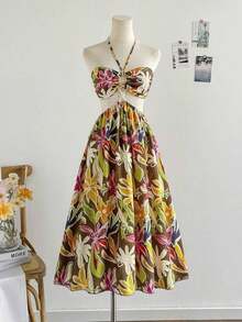 Vestido midi de verano color crudo, con hombros descubiertos y espalda abierta, estilo casual y elegante - Multicolor 2 - Ver 6