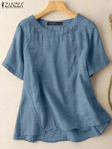 ZANZEA-Tops lisos a la moda para mujer, Blusa de algodón de manga corta con cuello redondo, camisa holgada informal para mujer, ropa para el hogar, camisas de playa 2023 - Marrón - Ver 2