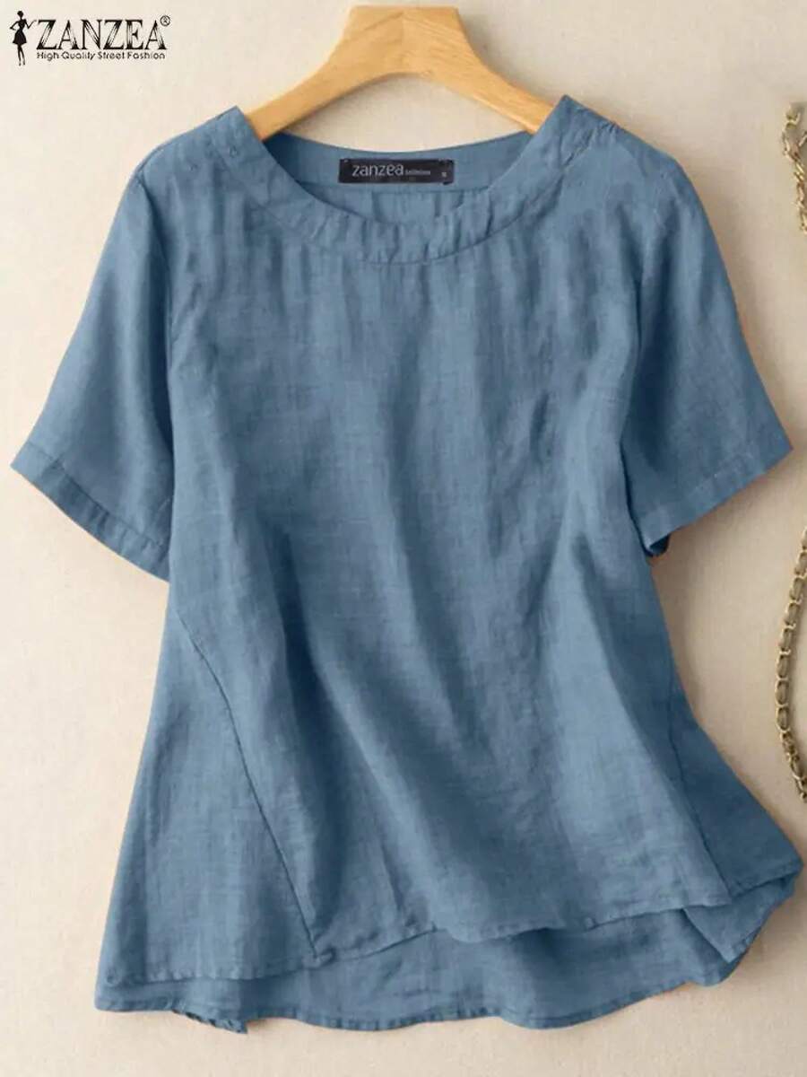 ZANZEA-Tops lisos a la moda para mujer, Blusa de algodón de manga corta con cuello redondo, camisa holgada informal para mujer, ropa para el hogar, camisas de playa 2023 - Azul - Ver 1