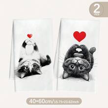 MEMNUN 2条装红色爱心和黑白猫咪印花厨房毛巾，15.75*23.62英寸（40*60厘米），超柔软超细纤维手巾、洗碗布，适用于家居/厨房/餐厅装饰，四季皆宜。 - 彩色 - 查看 2