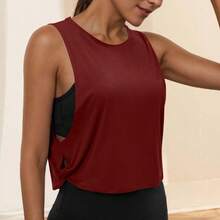 Ropa de Yoga con cuello redondo para mujer, chaleco atlético sin mangas, Top informal, Top corto ligero y holgado de Color puro - Vino - Ver 4