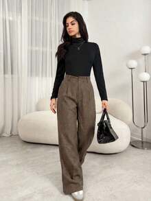Pantalones plegados elegantes con bolsillos para mujeres maestras, pantalones de otoño/invierno de cintura alta, pantalones de pierna ancha, pantalones sueltos, pantalones holgados, pantalones de negocios profesionales para mujeres, pantalones - Marrón - Ver 6