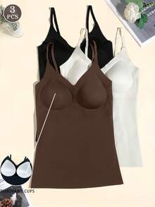 3pcs/Set Women's Solid Color Camisole Tops With Padded Bra, Seamless Undershirt For Spring/Summer - Multicolor - View 1