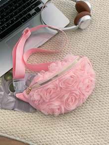 1pc Women's Solid Color 3D Rose Floral Mesh Fanny Pack, Elegant Romantic Large Capacity Chest Waist Bag, Casual Versatile Travel Outdoor Crossbody Belt Bag - 黑色 - 查看 1