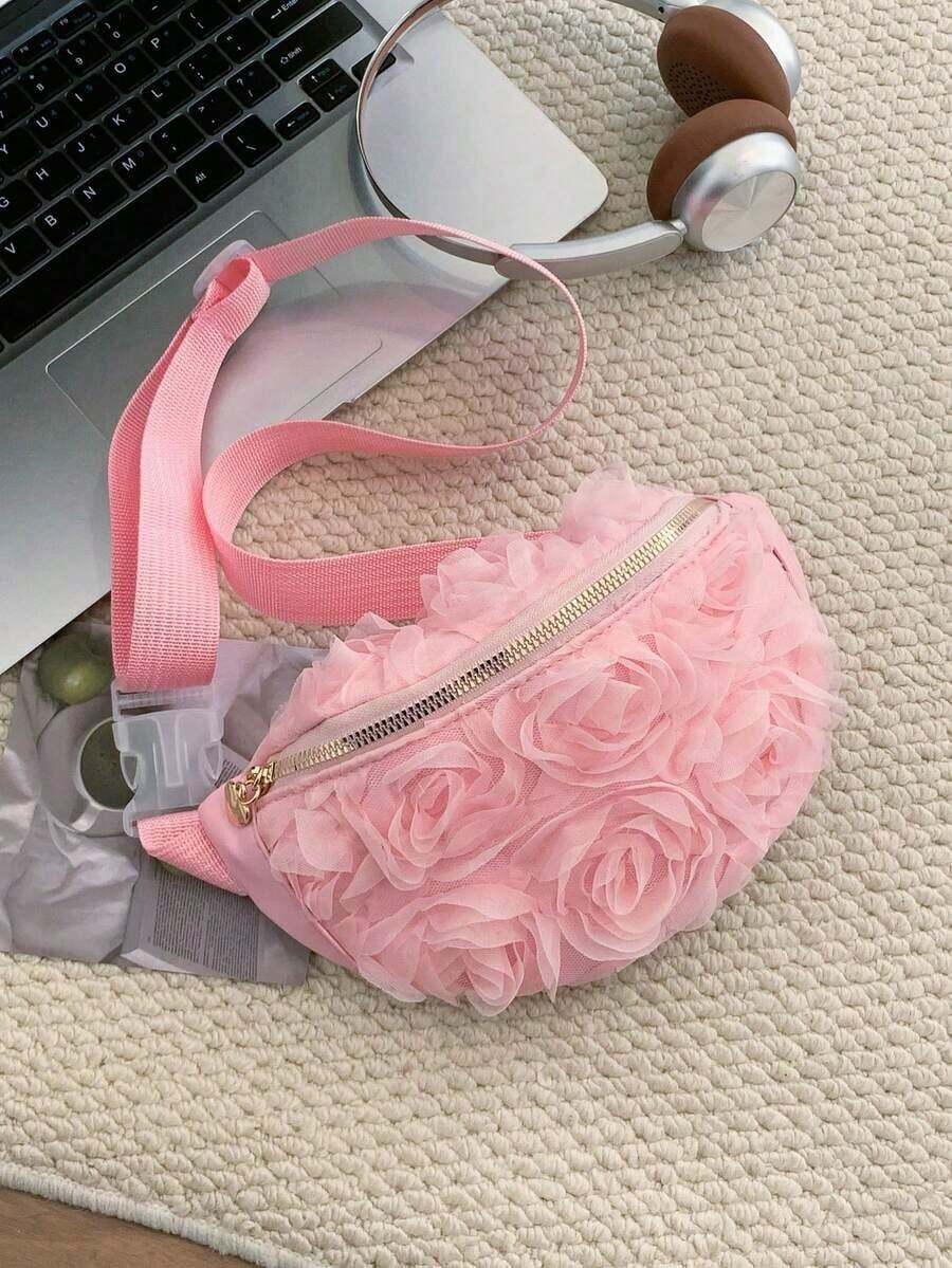 1pc Women's Solid Color 3D Rose Floral Mesh Fanny Pack, Elegant Romantic Large Capacity Chest Waist Bag, Casual Versatile Travel Outdoor Crossbody Belt Bag - 黑色 - 查看 1