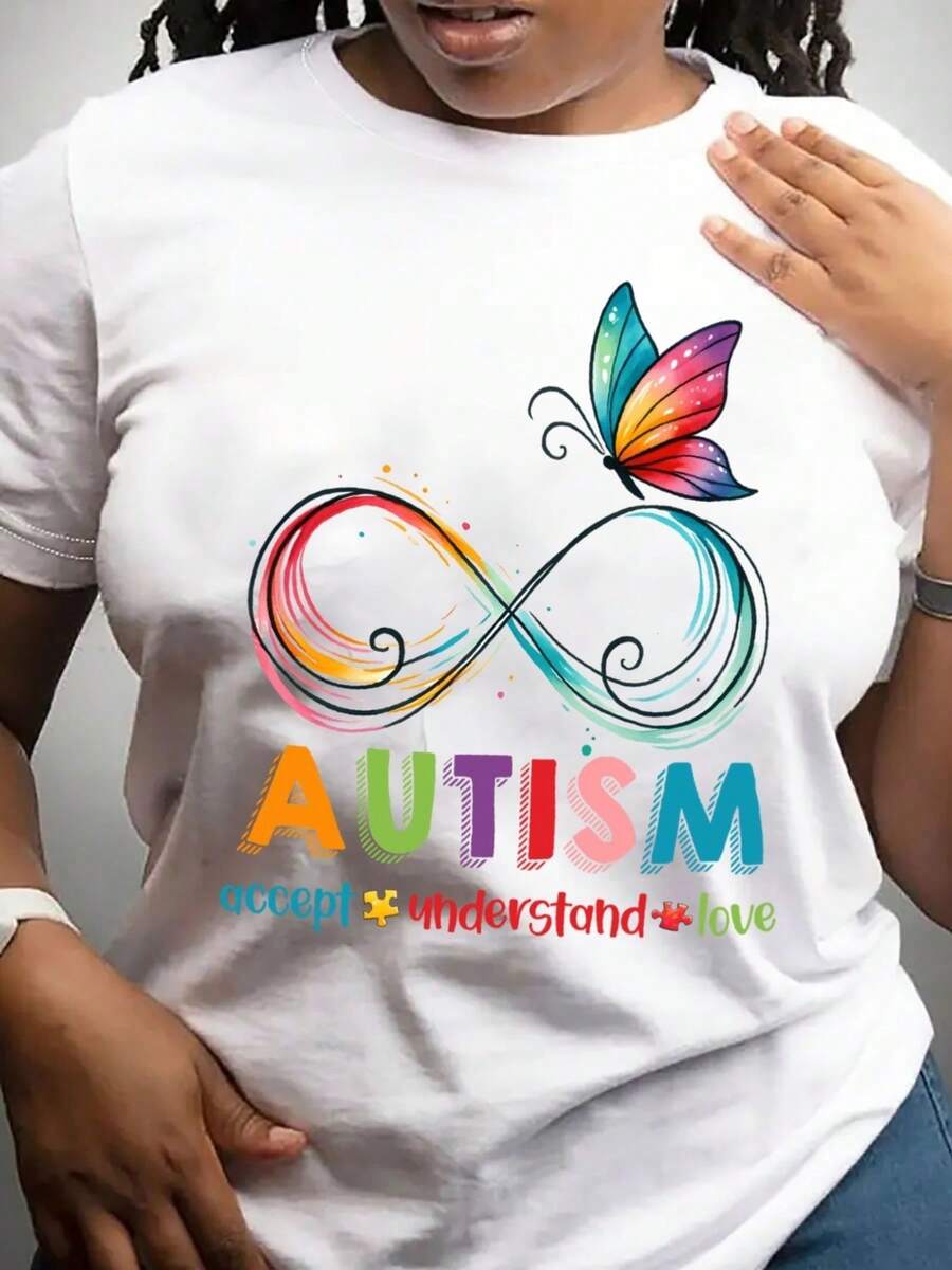 Autism Awareness T-Shirt | Black With Colorful Infinity Loop And Butterfly Graphic, Accept Love Message, Soft Everyday Shirt For Autism Acceptance Events And Casual Wear - Autism Friendly Clothing, Autism Shirt, Summer Clothes, Geometric Pattern Top - 白色 - 查看 1