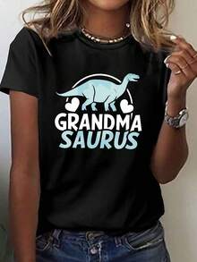 Grandma Saurus Hearts Print T-Shirt, Short Sleeve Crew Neck Casual Top For Summer And Spring, Women's Clothing - Black - View 1
