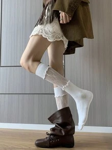 1/3雙女款黑白蕾絲拼接過膝襪，復古風可搭配長靴，獨特保暖聖誕禮物，必備款 - 彩色 - 查看 4
