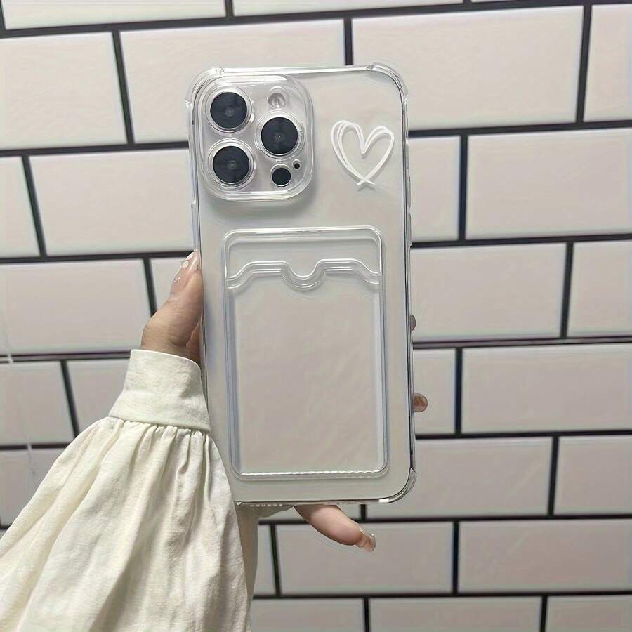 1 st. dubbellinjerat hjärtdesignat minimalistiskt korthållarfodral för telefon, lämplig för Apple 17, 16, 15, 14, 13, 12, 11, Plus, Pro Max-serien, personligt INS-stil skyddande fodral, trendigt minimalistiskt heltäckande sött telefonskal - Genomskinlig - Visa 1