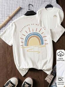 Blusa de manga corta casual de 100% algodón con gráfico "Sunshine In My Heart", camiseta gráfica, ropa de exterior, diseño estampado, camiseta de verano, blusa de verano, atuendo de vacaciones, estilo de viaje, vibra de playa, ropa de resort minimalista en blanco - Blanco - Ver 6