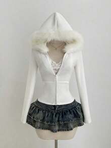 Chamarra de punto ajustada para mujer, diseño de canalé con costuras de contorno y peluche en la capucha, color blanco y estilo dulce retro, perfecta para looks de invierno, salidas urbanas, reuniones con amigos, festivales y combinaciones audaces con ropa de calle - Negro - Ver 10