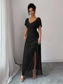 Vestido morado claro con cuello en V, mangas con volantes, cintura plisada y abertura, vestido elegante de dama de honor, vestido de fiesta, primavera/verano - Negro - Ver 3