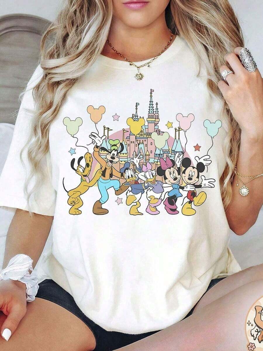Disney Cartoon Balloon Castle Parade Printed T-Shirt, Suitable For Daily Wear, Easy To Wear In Summer, Micro-Elastic, Soft Round Neck Casual Daily Shirt, Round Neck Summer Sweatshirt, Both Men And Women, Loose Version, Holiday Gift. - 白色 - 查看 1