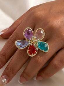 XYHEALER 1pc Women's Multicolor Rhinestone Flower Open Ring, Y2K Chunky Gold Floral Cocktail Ring, Suitable For Party, Vacation, Daily Wear And Gift - Multicolor - View 2