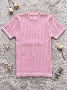 Women's Modal Knit Blouse With Striped Detail, Round Neck, Short Sleeves, Summer Fashion Knit Top - Rosa - Xem 2