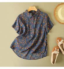 Camisa con estampado Floral Vintage para mujer, blusa informal holgada de manga corta con bolsillo, Top cómodo suave y fino para uso diario, moda de verano - Verde - Ver 3
