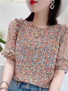 Blusa informal de verano para mujer, Top estampado con cuello de pajarita de manga corta, camisa estilo señora, blusa de verano a la moda - Azul - Ver 4