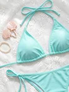 Women's Solid Color Halter Bikini Set With Triangle Cups Vacation Beach - Baby Blue - View 7