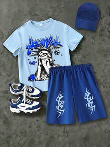 Conjunto de 2 peças: camiseta de manga curta com gola redonda e estampa minimalista e shorts casuais. Look de verão confortável e simples. - Baby Azul - Ver 2