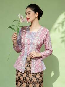 1pc Elegant Patchwork Long Sleeve Blouse For Women, Spring/Summer, Purple - Lilac Purple - View 4