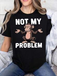 Women'S Not My Problem Monkey Printed T-Shirt | Casual Black Crew Neck, Stretch, Machine Washable, Suitable For Spring/Summer/Fall Athleisure - 黑色 - 查看 1