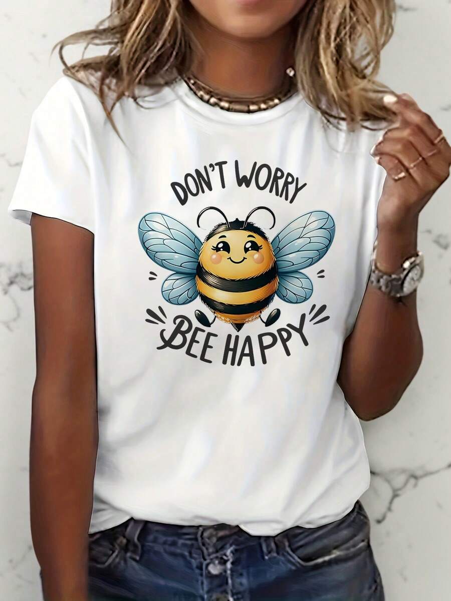 'No se preocupe abeja feliz' Camiseta de impresión de abeja de las mujeres - linda colmena y abeja de manga corta cuello de la tripulación, camiseta de la blusa de verano casual adecuado para el traje casual, picnic, outfits de oficina