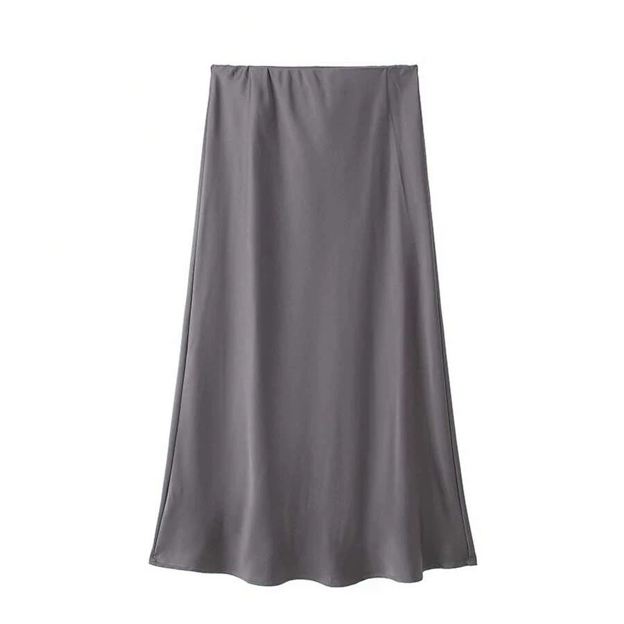 Willshela 2024 falda de satén negro para mujer, faldas largas elegantes de cintura alta para mujer, falda Midi de verano a la moda, faldas de oficina para mujer - Gris - Ver 1