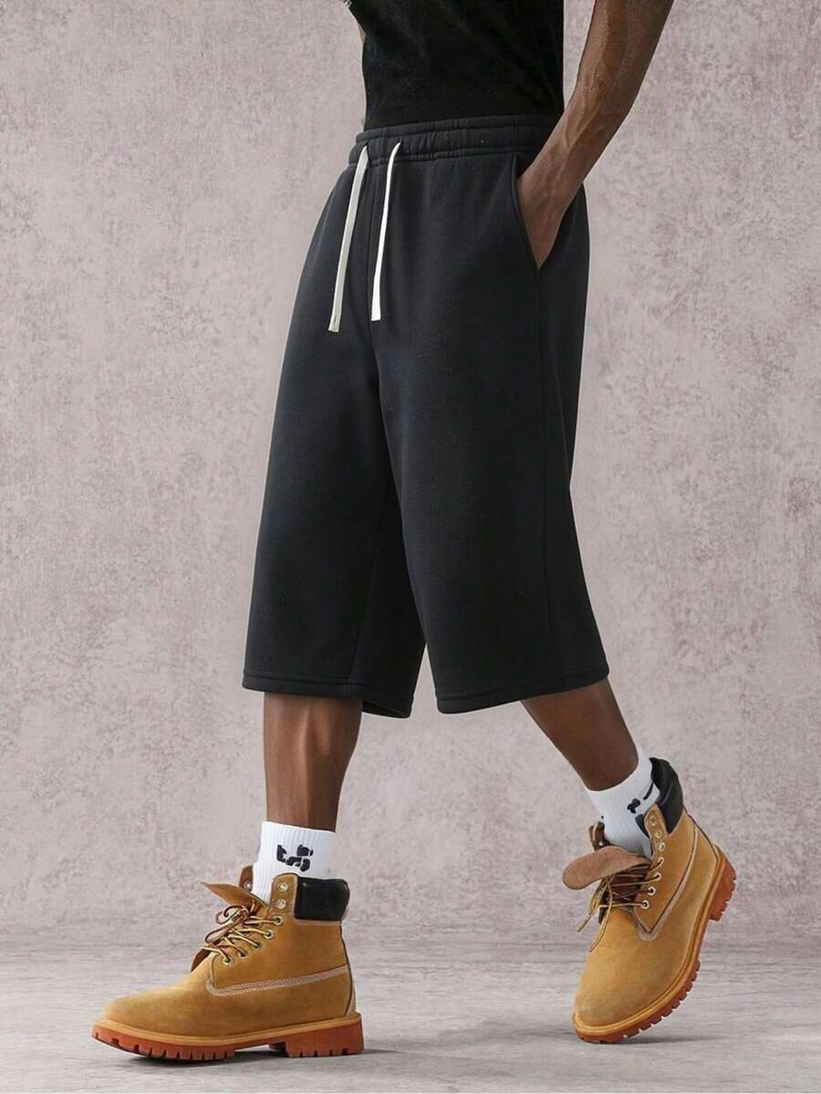 Men's Summer Street Style Solid Color Casual Versatile Knee-Length Shorts - Black - View 1