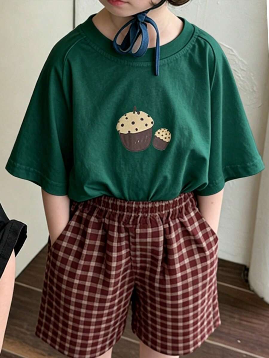 Top de manga corta sencillo, informal y bonito con estampado para niños, ideal para el verano. - Verde - Ver 1