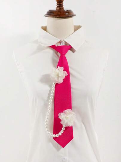 1pc Fashionable Versatile Women's Minimalist Detachable Faux Pearl Chain Floral Decor Solid Color Necktie, Suitable For Daily, School, Travel Outfits