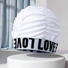 Gorros de baño plisados con estampado de letras Love para mujer, gorro de baño para adultos, piscina de aguas termales, Spa, cómodo, protege las orejas de pelo largo - BLANCO - Ver 3
