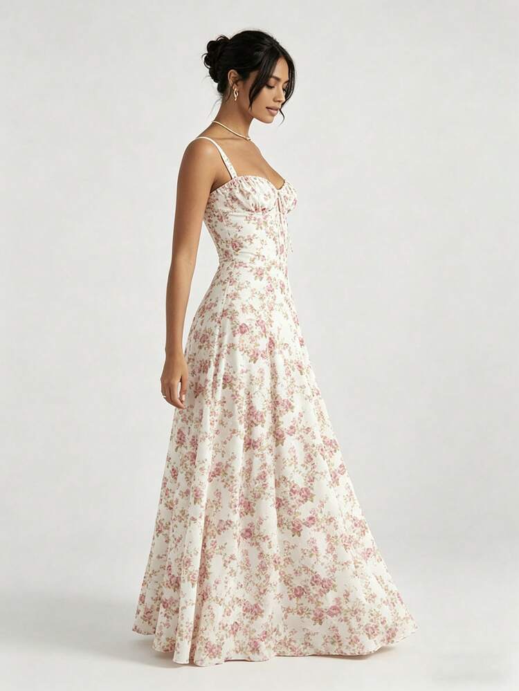 2026 Spring New Women's Clothing: Cross-Border European And American Dress, Elegant Floral Print Long Dress With Slit And Tie - 白底紅印花 - 查看 4