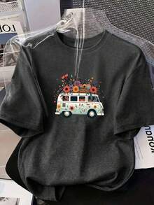 T-shirt ample à manches courtes pour femmes grande taille, col rond, motif mignon d'un camping-car avec fleurs, style décontracté, idéal pour le printemps, l'été et l'automne. Tenue de vacances - Gris foncé - Voir 5