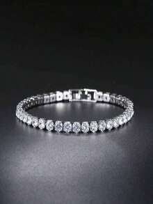 1pc Round Full Diamond Cz Stone Single Strand Bracelet, 4mm Width, Fashionable For Women - Bạc - Xem 1